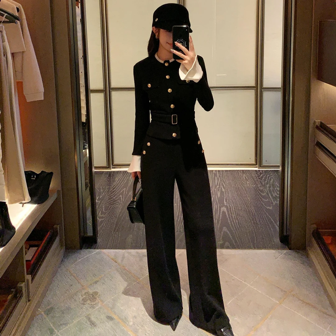 富家千金风套装秋冬新款简约慵懒风修身显瘦长袖短外套长裤两件套