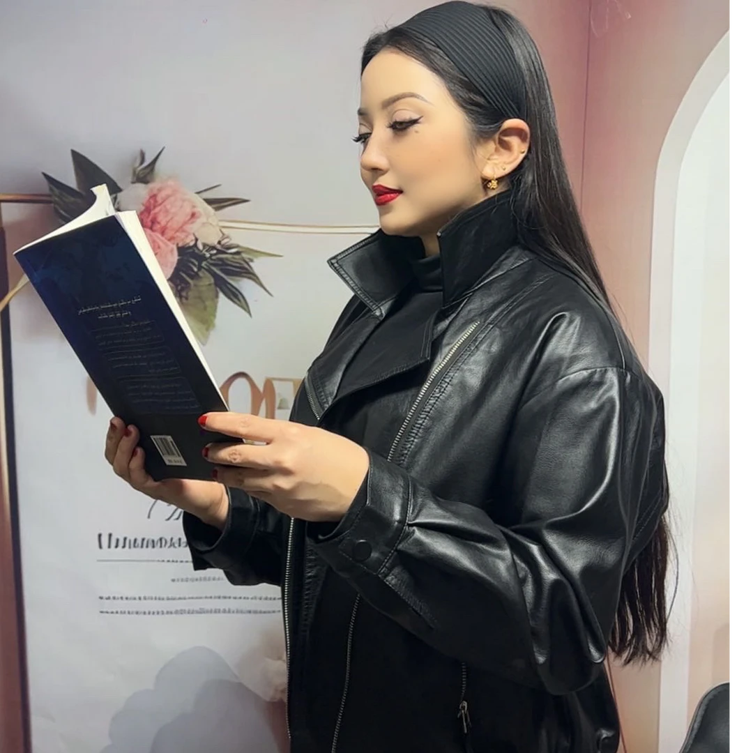 韩系休闲短款外套女2025新款立领pu工装夹克宽松机车服潮