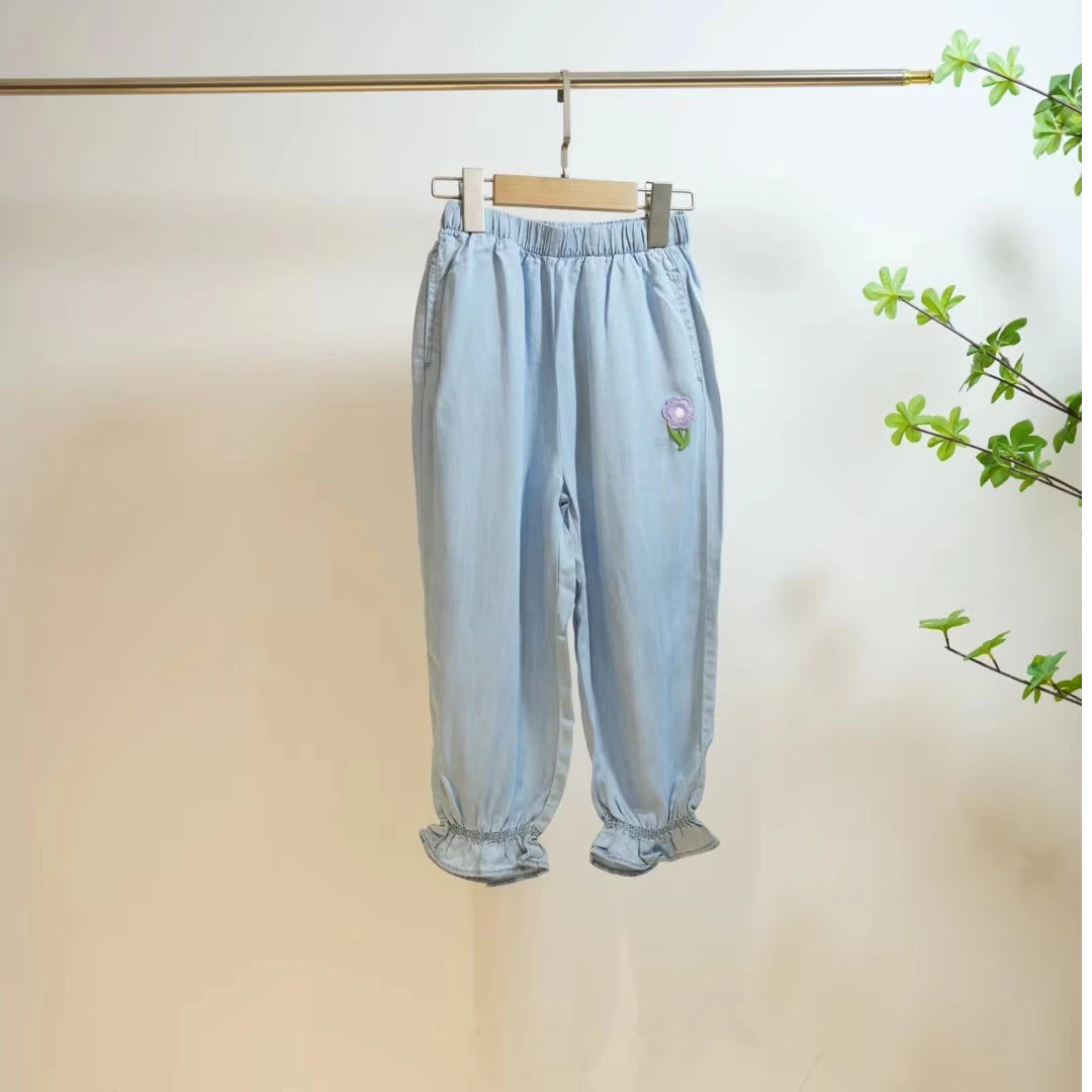 2-629-夏季薄款紫色花朵刺绣女童天丝牛仔裤