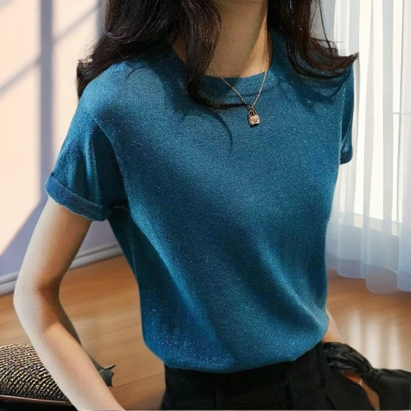 【雅岚女装】时尚洋气显瘦亮丝针织短袖薄款针织衫时尚百搭气质打底