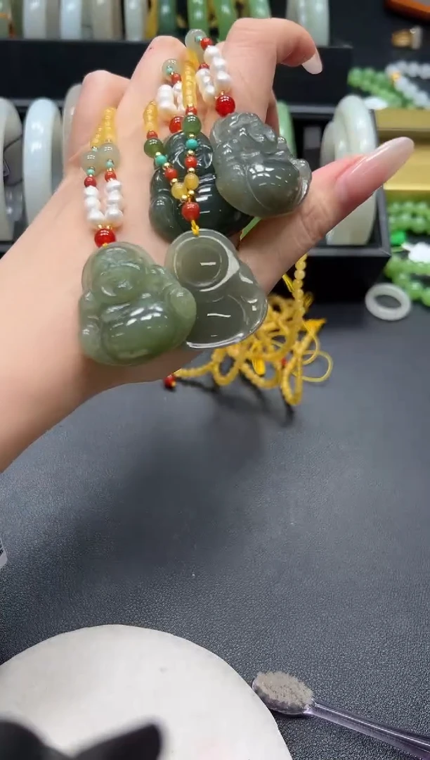 颈饰银S925镶嵌和田玉佛公搭蜜蜡套链多样性发一有瑕34*34*10/3mm