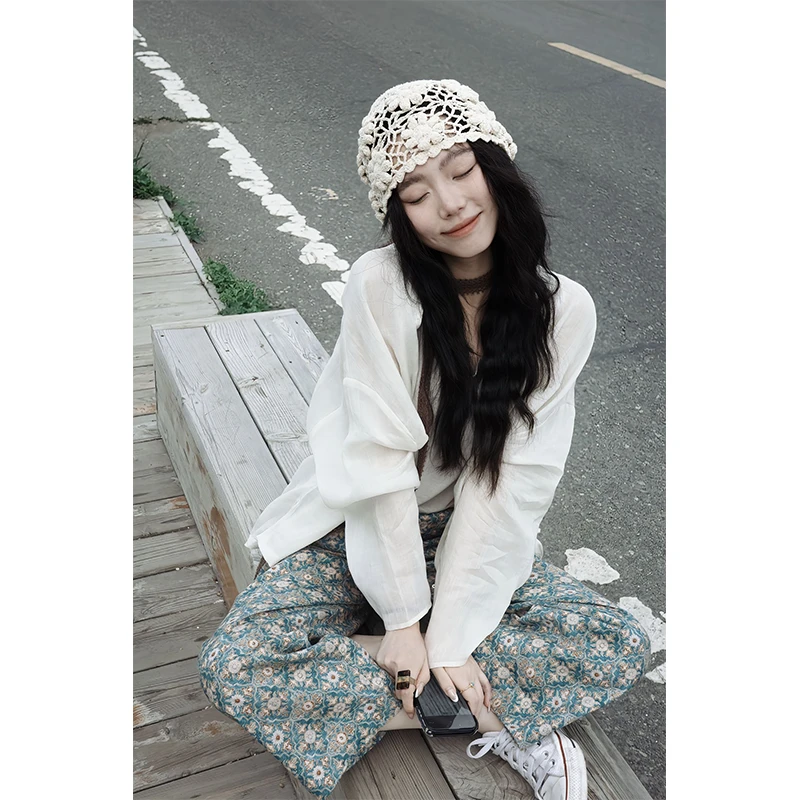 时尚穿搭女秋季新款长袖微透翻领韩版气质衬衫上衣直筒印花休闲裤