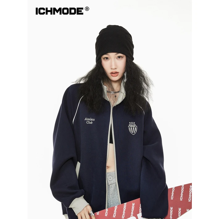 ICHMODE美式立领开衫外套女复古卫衣运动休闲情侣连帽宽松保暖