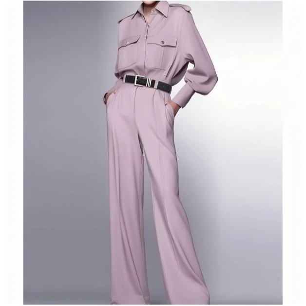 【诗语专属】AUI紫色工装衬衫套装女通勤职业阔腿裤两件套-2025005