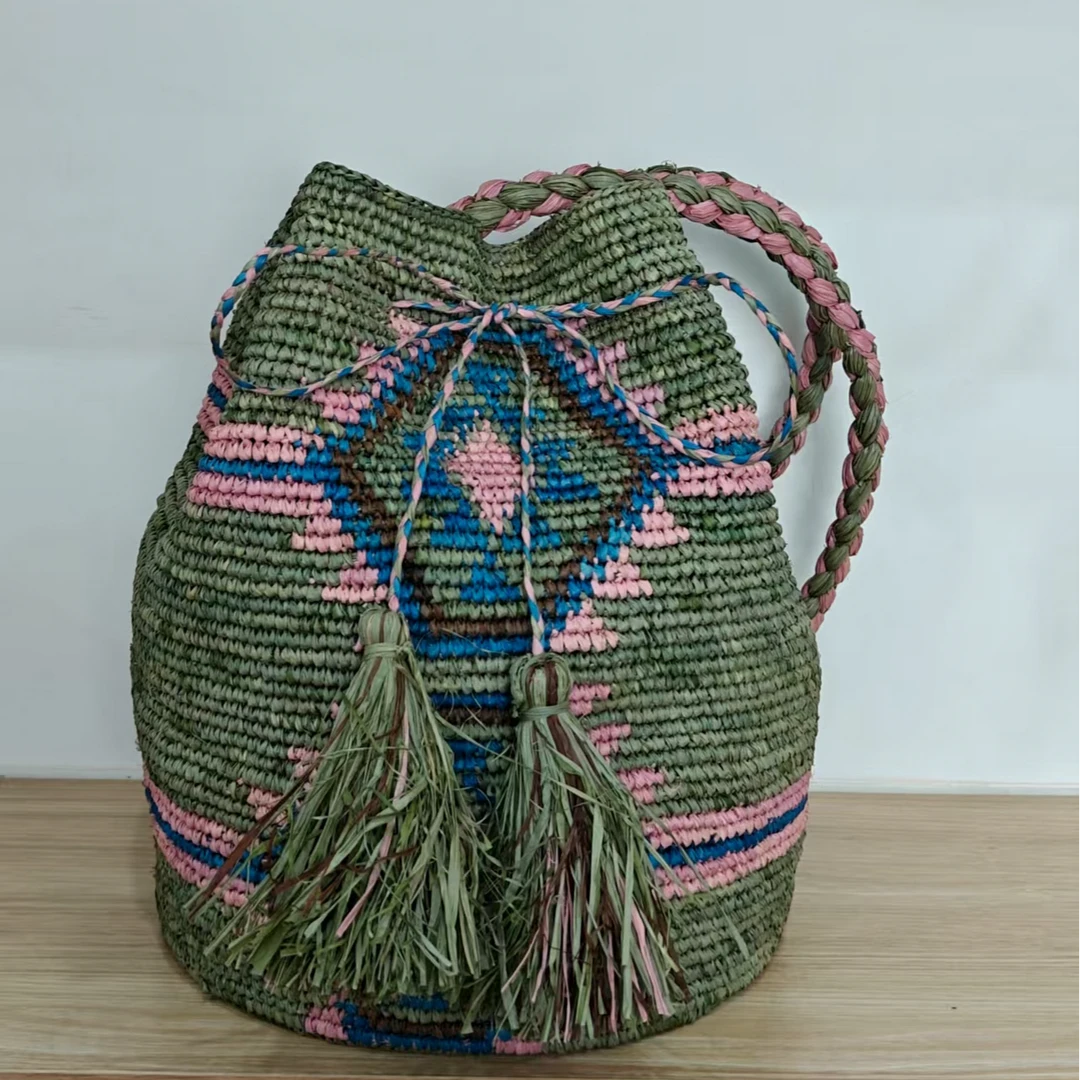 纯手工拉菲草时尚休闲百搭抽绳民族风