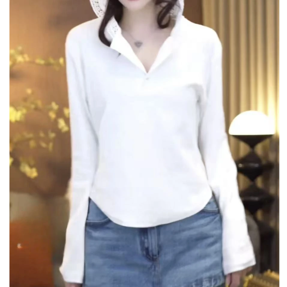 蕾丝连帽白色长袖t恤女2025春季新款修身打底衫洋气显瘦百搭上衣
