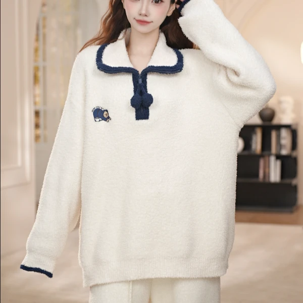 VINEEMAN【奶白小熊】小熊睡衣女士款秋冬季加绒加厚保暖家居服套装