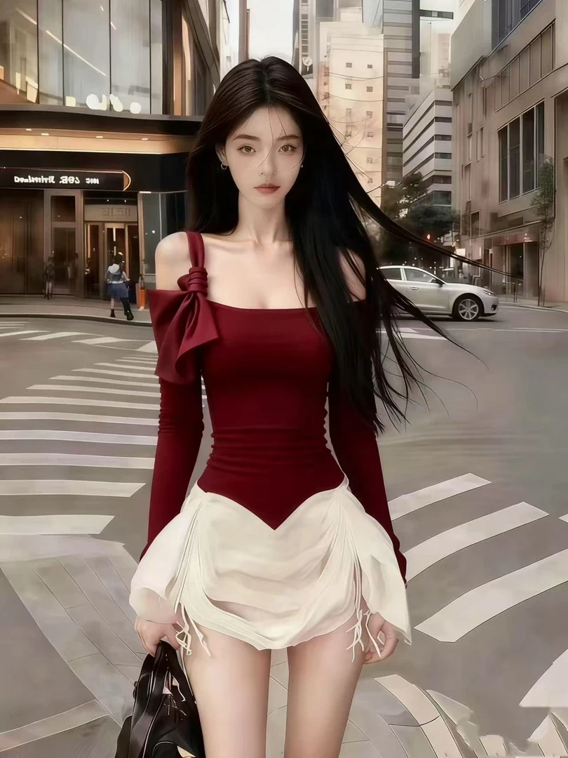 韩版辣妹早秋氛围感御姐穿搭酒红色一字领露肩设计吊带长袖连衣裙