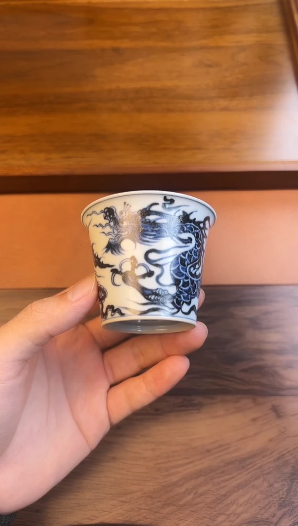 问青坊纯手工手绘青花仿元龙纹柴窑可乐杯