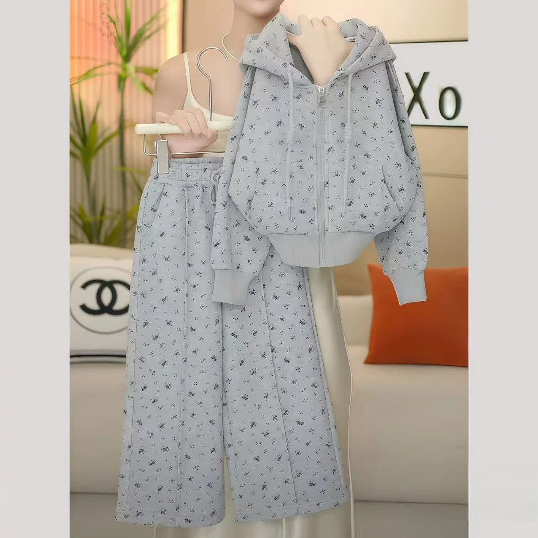 女童碎花卫衣卫裤套装春秋2025新款连帽拉链外套运动阔腿裤两件套
