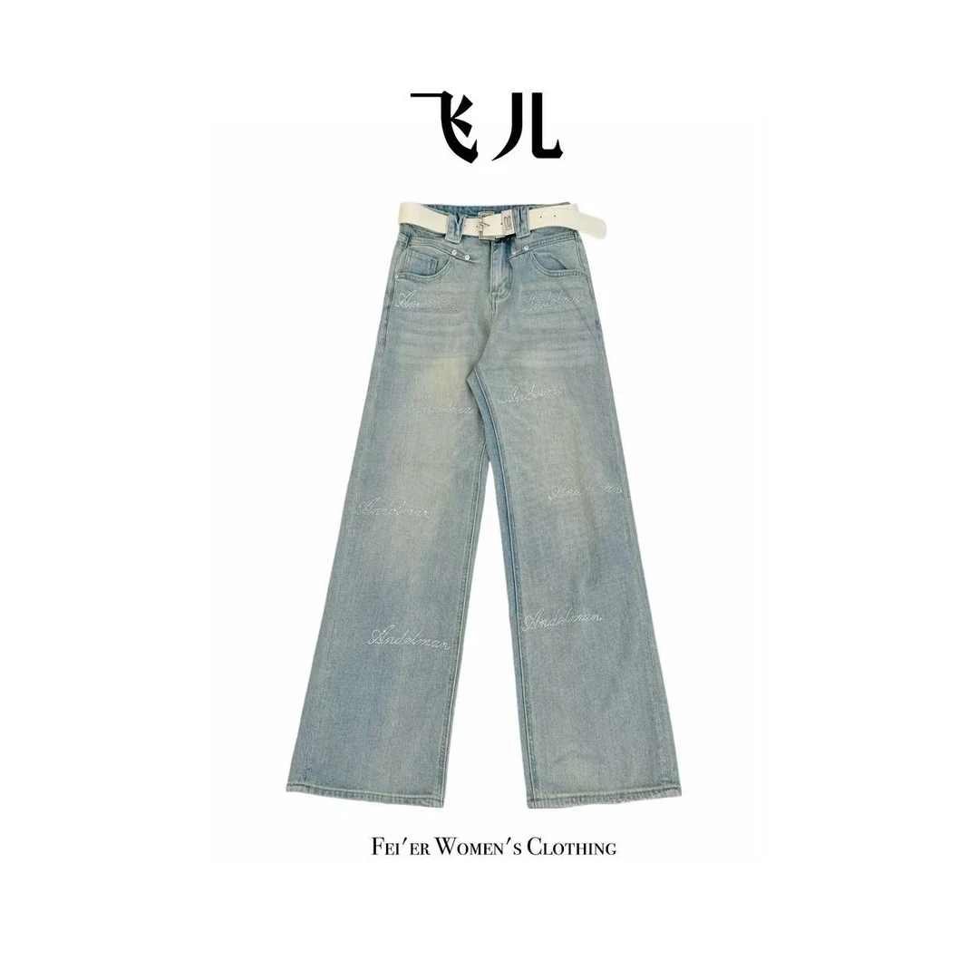 飞儿【英文牛仔】2025春季新款休闲百搭直筒牛仔裤