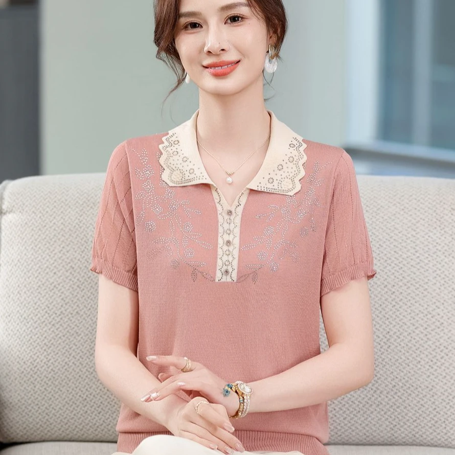中年妈妈夏装翻领短袖T恤百搭中老年人女装夏季冰丝上衣洋气薄款