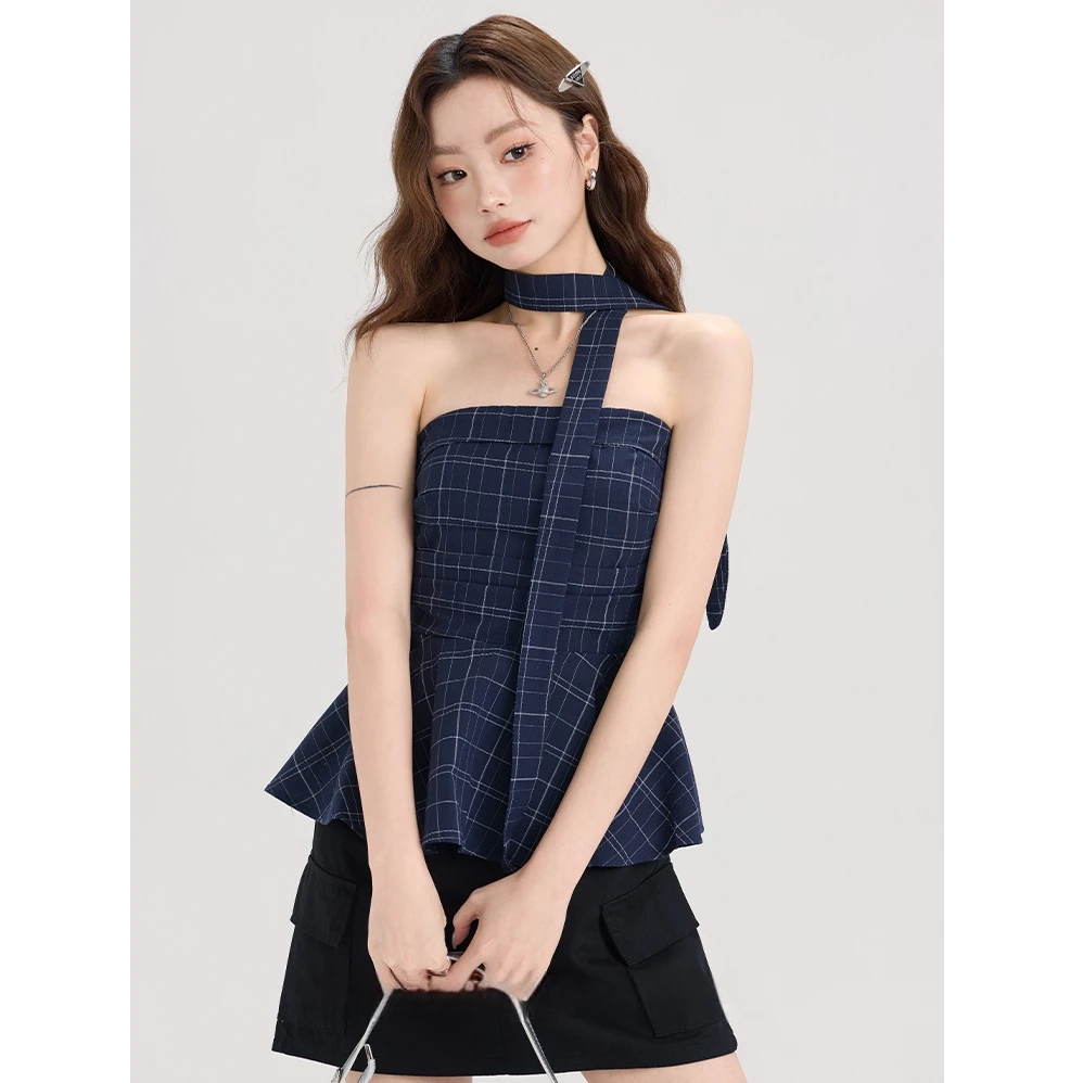 设计感气质格子无袖抹胸背心女夏季新款美式辣妹外穿一字肩上衣