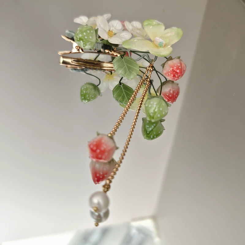 风雪初晴奶莓发夹手工汉服复古风超仙简约小众发饰品