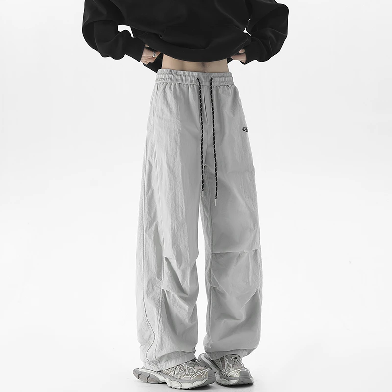 裤子薄款长裤冬款男裤美式褶皱加绒伞兵弯刀宽松直筒运动休闲裤