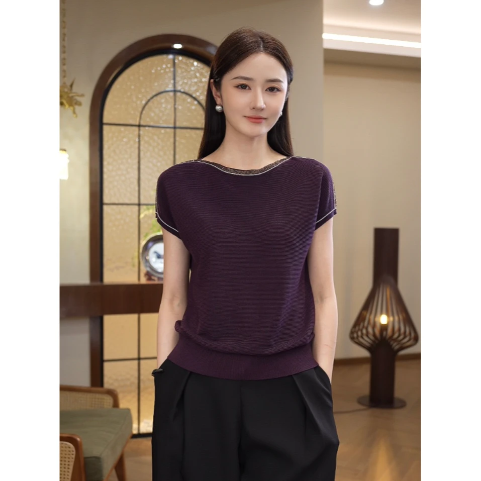 2025夏季新款【7619】轻奢高级洋气显白莱赛尔紫色圆领针织上衣女装
