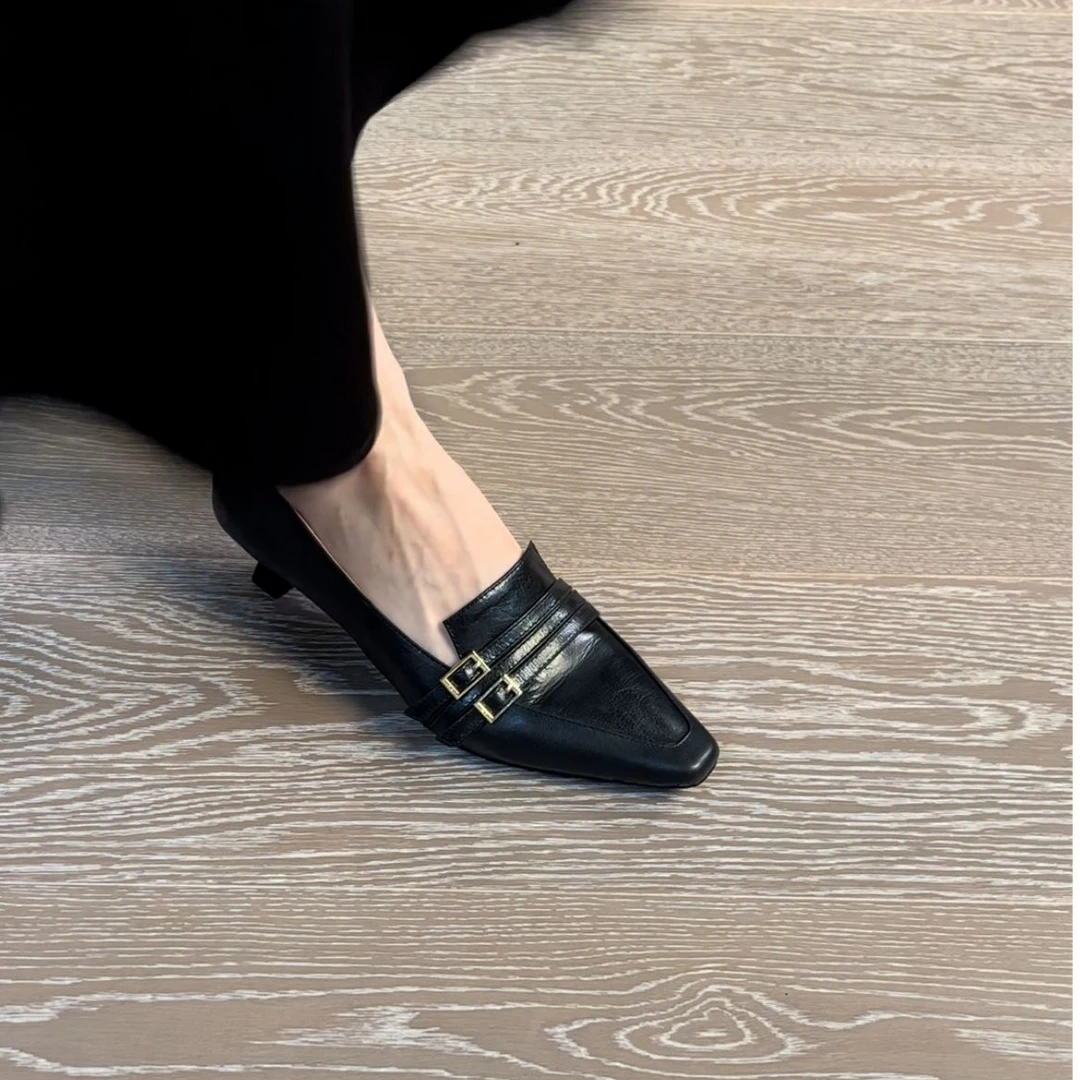 4CM头层胎羊皮法式小猫跟单鞋女夏季细跟中跟尖头小皮鞋超软时尚