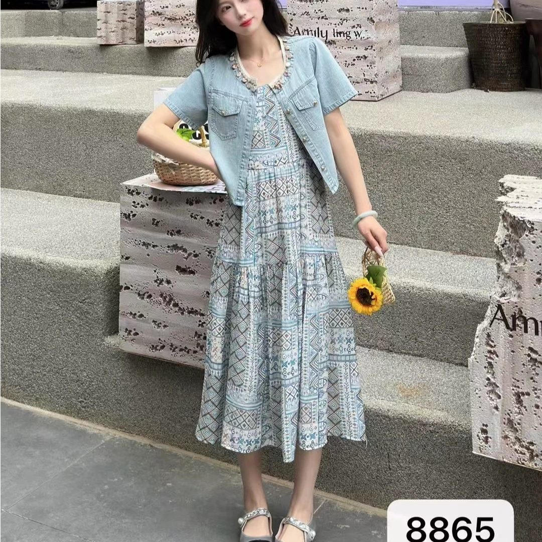 极简风时尚套装甜美小香风牛仔高腰裙子夏季新款显瘦减龄洋气女装