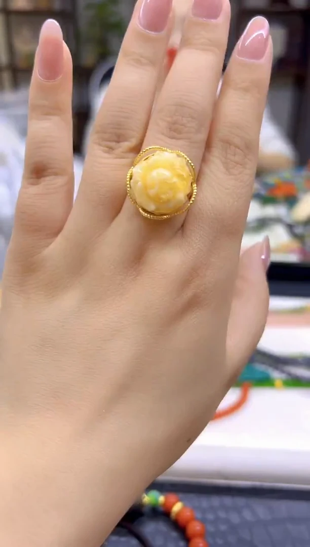银S925镀金镶嵌蜜蜡戒指DIY款J131
