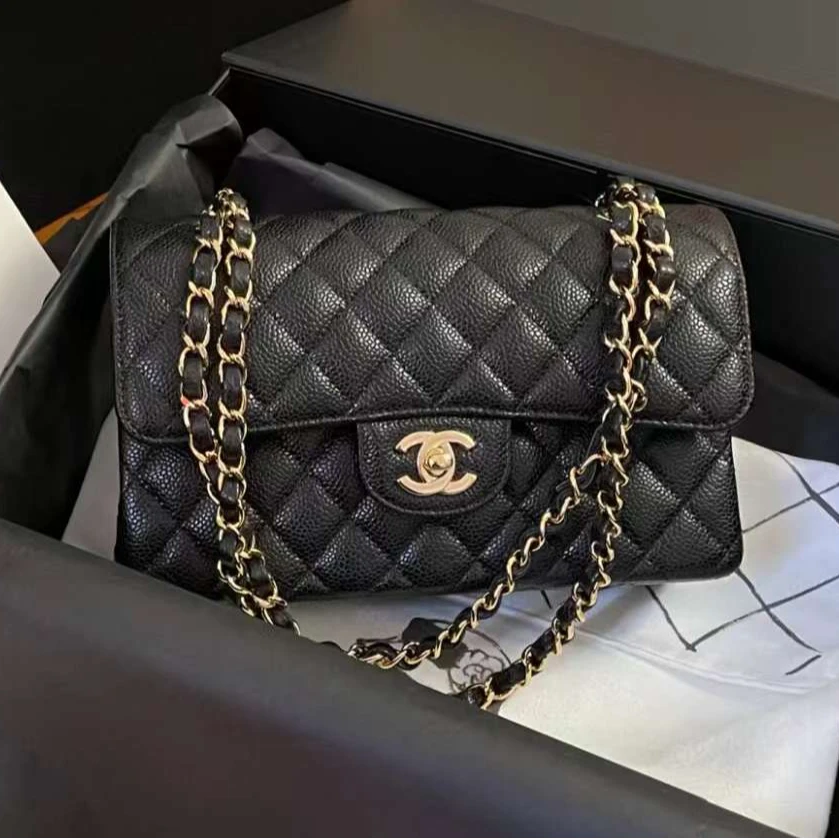 99新 Chanel/香奈儿 蔚蓝/黑金荔枝牛 中号 CF链条包 芯片