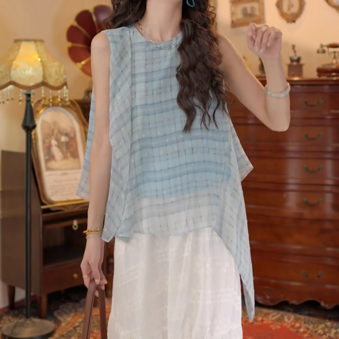 【蓝杉映溪】新款时尚复古港风格纹夏季背心百搭宽松上衣LK2505028