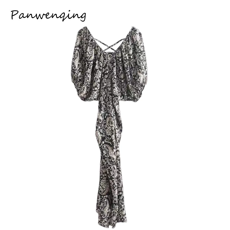 连衣裙V领蝙蝠袖复古腰果花后交叉绳气质减龄3907