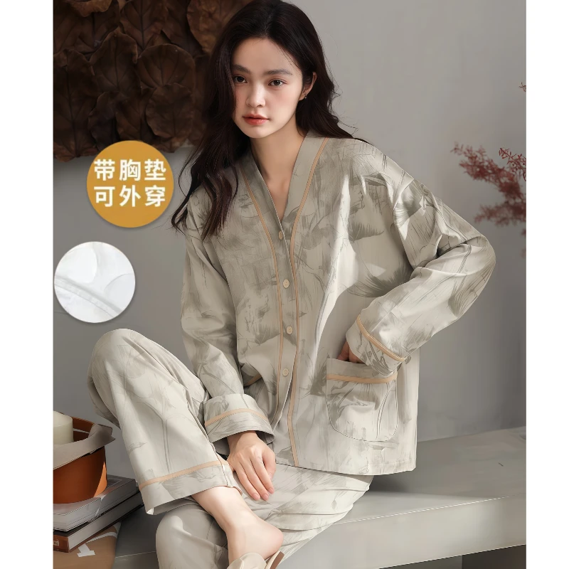 春秋季2025新款睡衣女款带胸垫薄款防凸点休闲冬可外穿家居服套装