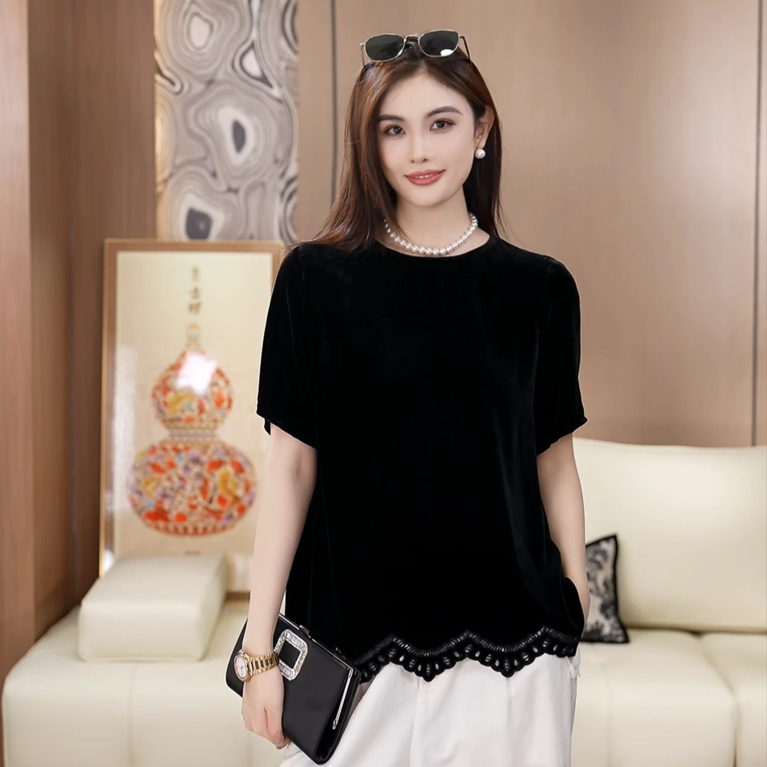 镂空不规则下摆真丝丝绒简约百搭洋气显瘦夏季上衣A050848