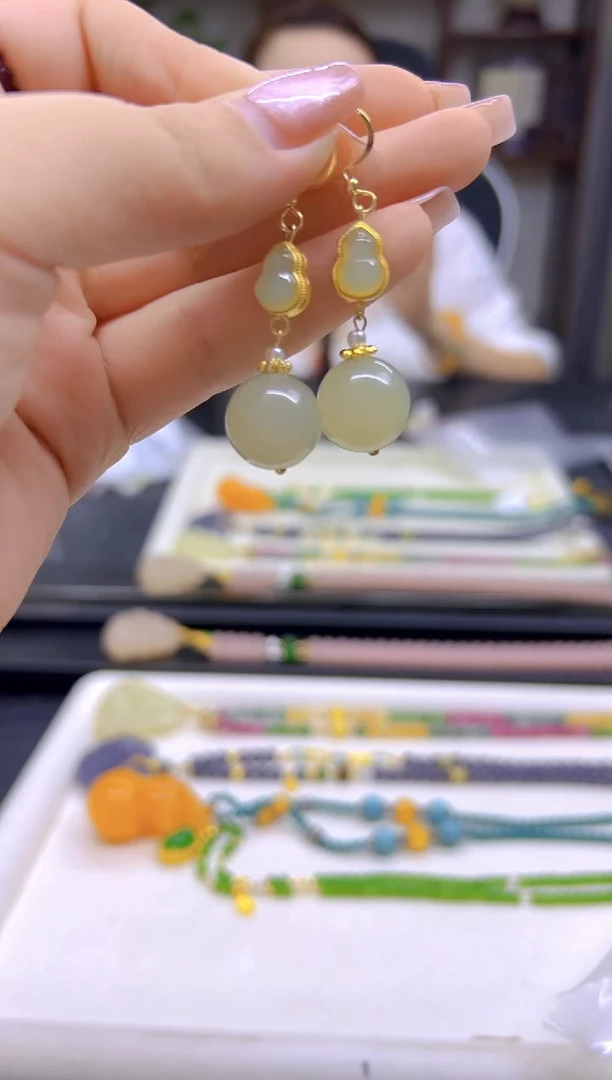 和田玉14K金镶嵌耳饰DIY款E714