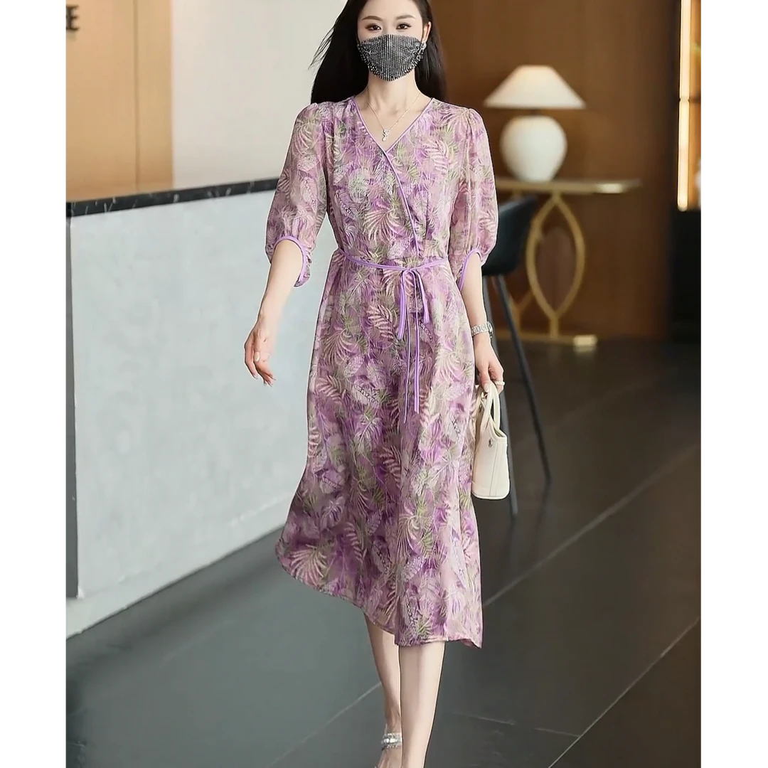 【运费补贴】59678新款碎花连衣裙长裙过膝修身连衣裙夏季女士