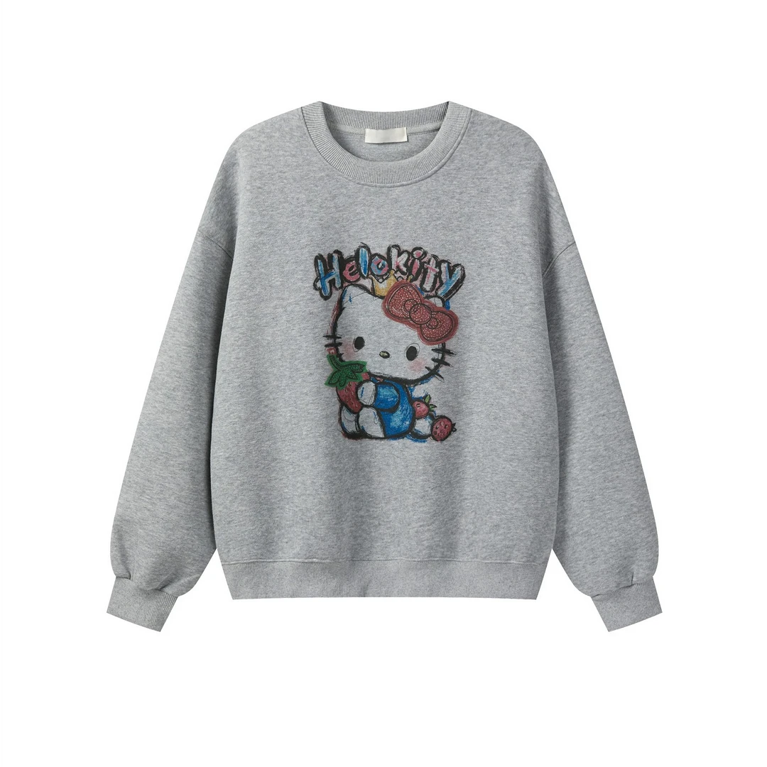 羊城故事-美式彩色kitty猫斜肩卫衣长袖宽松设计感辣妹上衣6379