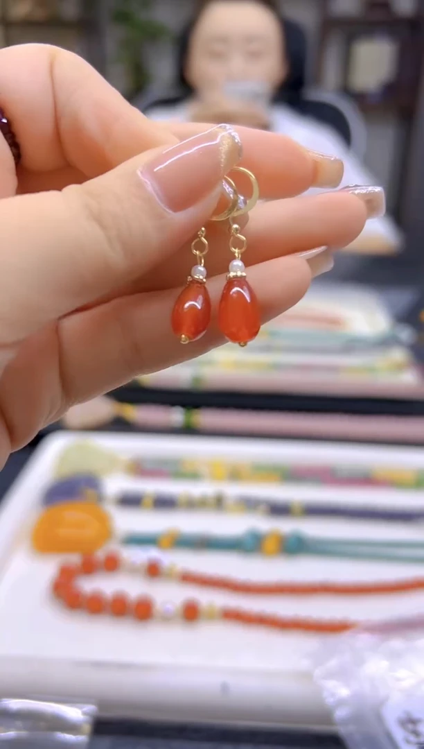 南红玛瑙14K金镶嵌耳饰DIY款E864