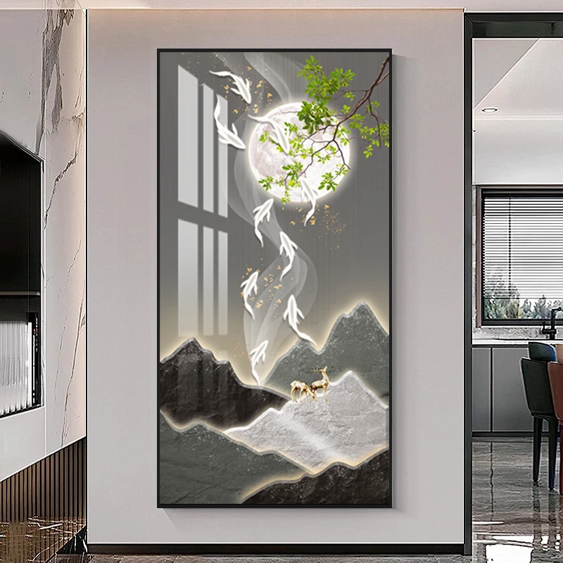 九鱼山川麋鹿创意艺术正对门挂画装饰画晶瓷画轻奢挂画X479-6