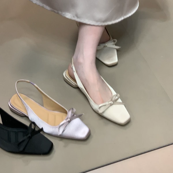 包头浅口缎面温柔单鞋蝴蝶结时装凉鞋夏季方头气质