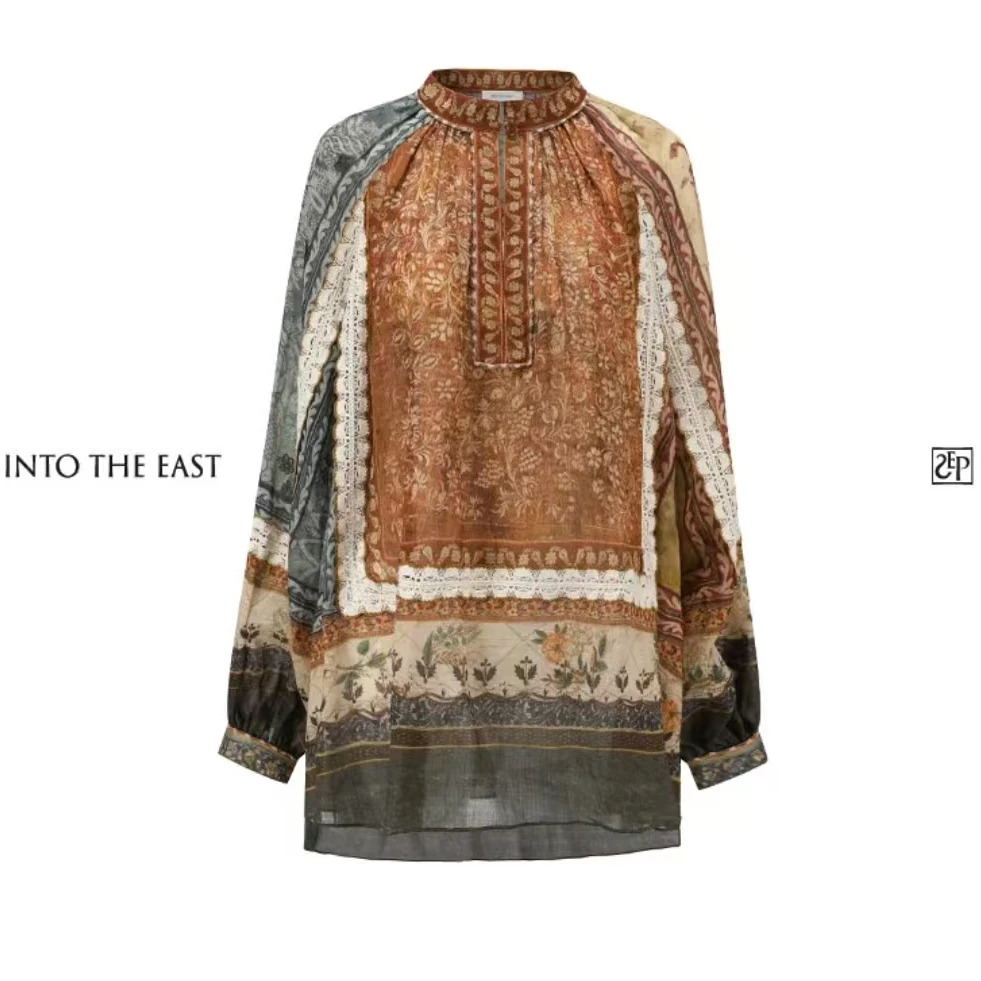 INTO THE EAST 苎麻印花拼接蕾丝上衣