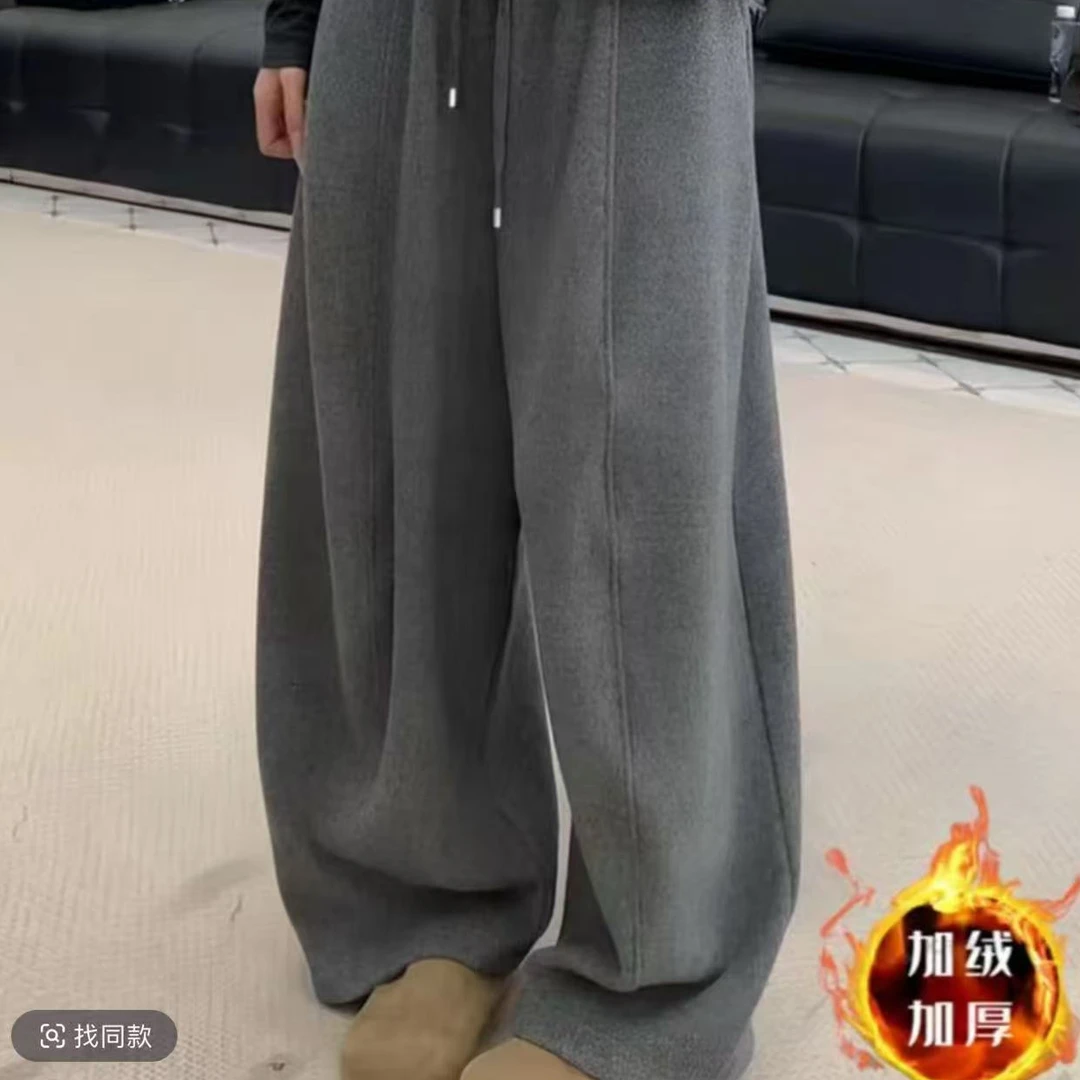 松紧腰抽绳弯刀呢子长裤拖地裤女2025冬季新款毛呢韩版阔腿裤