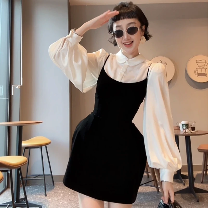 XIAOBAI法式金丝绒吊带连衣裙女秋季气质收腰显瘦背带短裙子