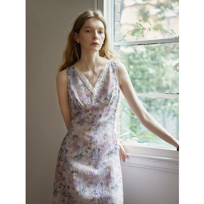 Nice people2025SS 100苎麻波西米亚风系带/泡泡 印花无袖连衣裙