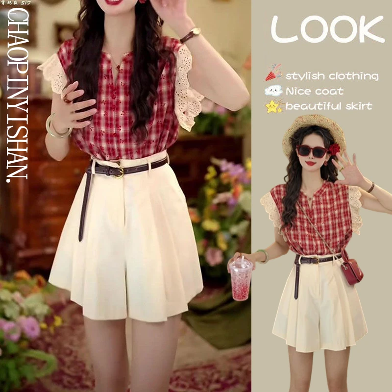 夏日穿搭一整套2025新款复古时尚格纹衬衫上衣高腰阔腿短裤两件套