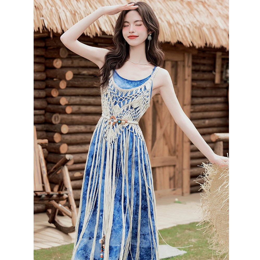 民族风复古晕染印花吊带连衣裙海边度假长裙&镂空针织罩衫8891