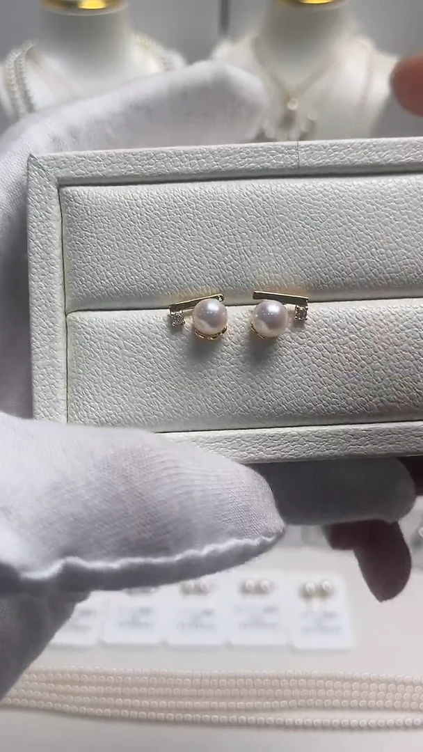 银S925镶嵌耳钉海水珍珠平衡木耳钉6.0-7.0mm