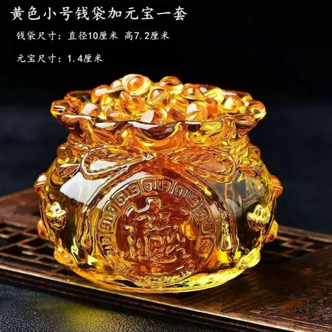 10厘米水晶琉璃福袋款七彩金钱袋子聚宝盆加盆满钵满小金元宝摆件