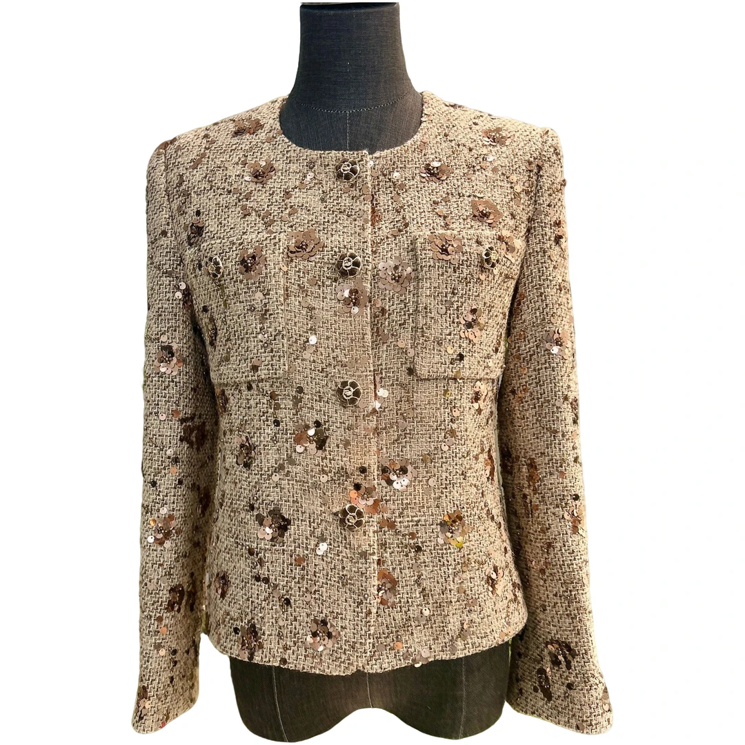 剀剀莉新春款金咖色（浮光掠影）小香风圆领精致收腰单排扣亮片外套