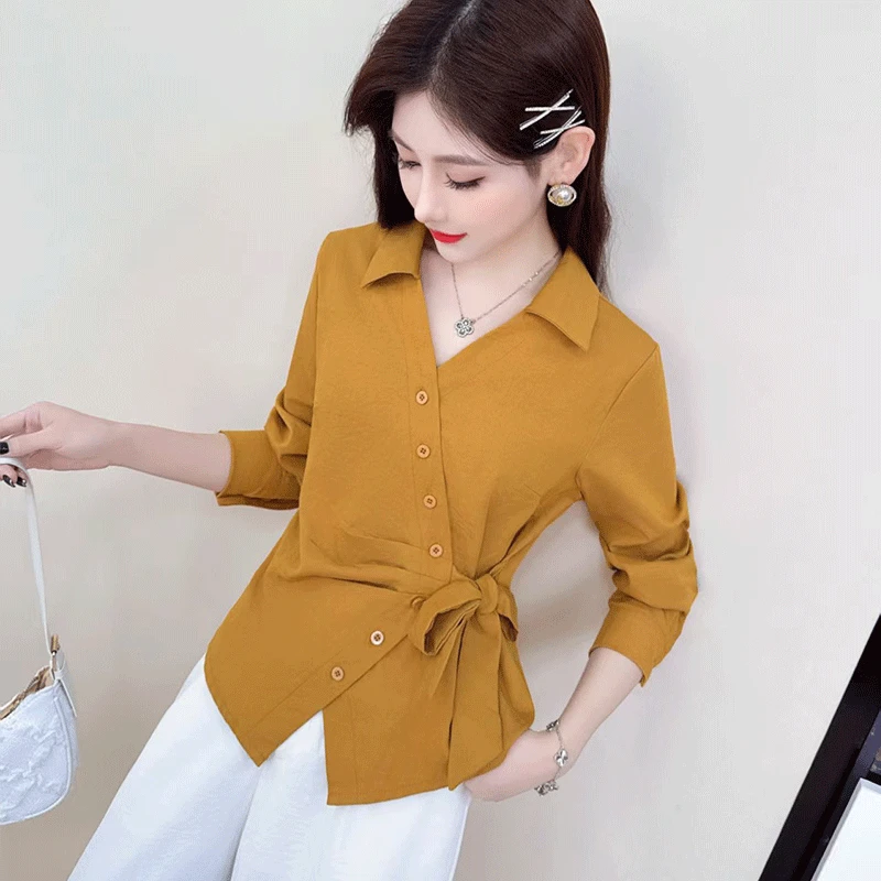 2025年秋季POLO领纯色衬衫女夏季新款洋气遮肉不规则收腰显瘦上衣