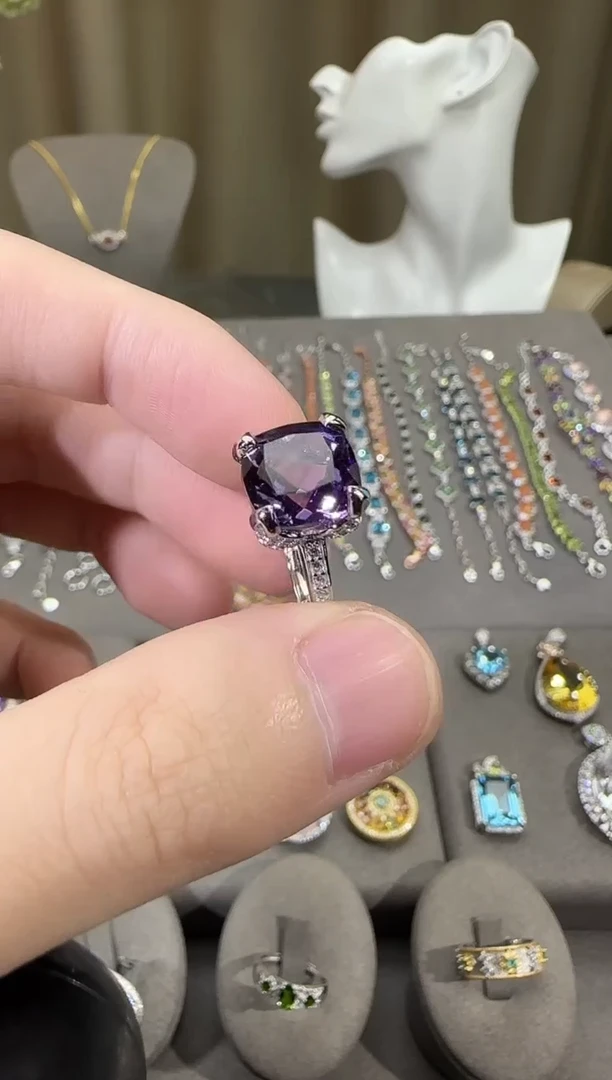 银S925镶嵌戒指紫晶11mm戒指简约款