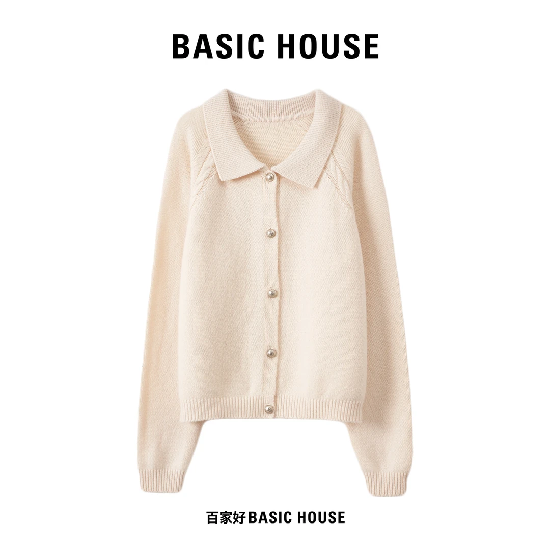 Basic House/百家好2025年新款翻领单排扣气质长袖针织衫G702 MM