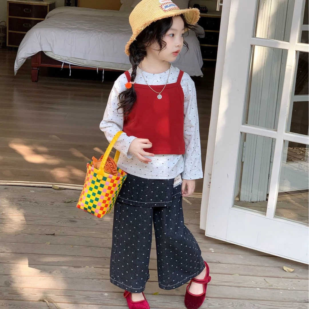2025韩版春季新款女童洋气圆点打底衫屁帘牛仔裤红背心三件套装