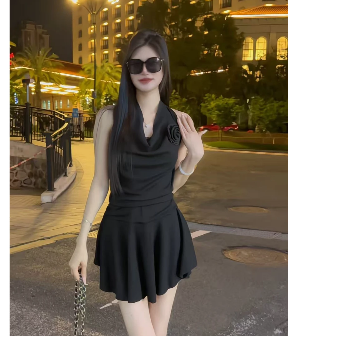 2025夏季新款韩系纯欲性感挂脖收腰无袖背心裙内搭打底裤套装