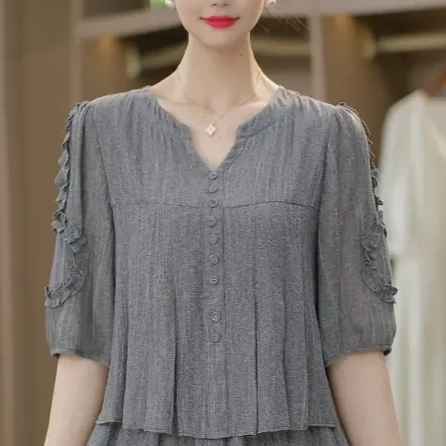 夏季新款优雅百搭时尚修身显瘦简约气质休闲连衣裙宽松洋气褶皱