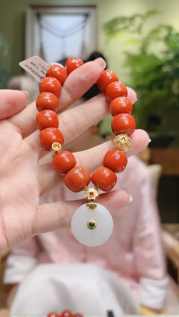【闪购商品】南红玛瑙手串18K金镶嵌和田玉平安扣老型南红手串AY